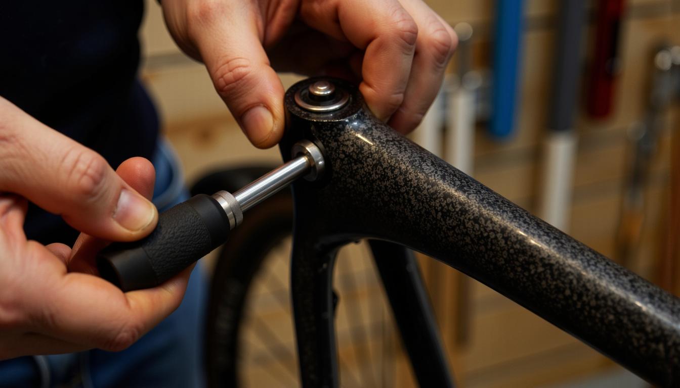 Mains de mécanicien ajustant une potence de vélo en carbone mat avec une clé dynamométrique de précision.