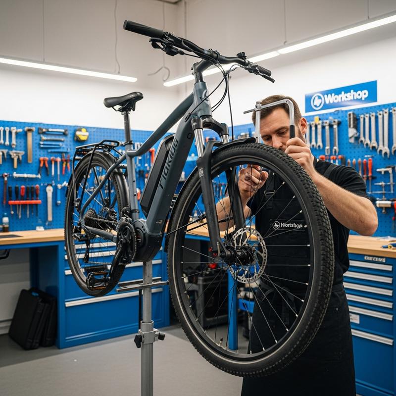 Gros plan sur les mains d'un mécanicien ajustant les freins à disque d'un vélo électrique dans un atelier moderne aux accents bleus