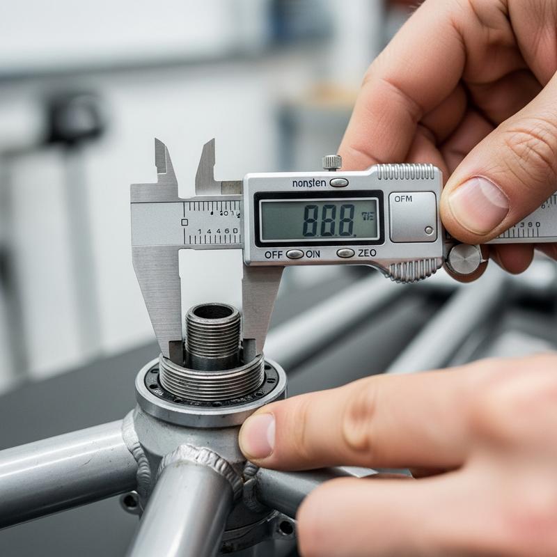 Gros plan sur des mains mesurant la largeur du boîtier de pédalier d'un cadre de vélo avec un pied à coulisse numérique