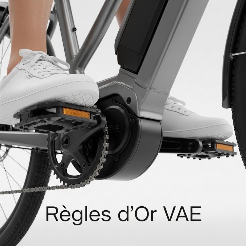 Gros plan technique d'un moteur central de vélo électrique activé par une pédale, style infographie avec le texte 'Règles d'Or VAE'