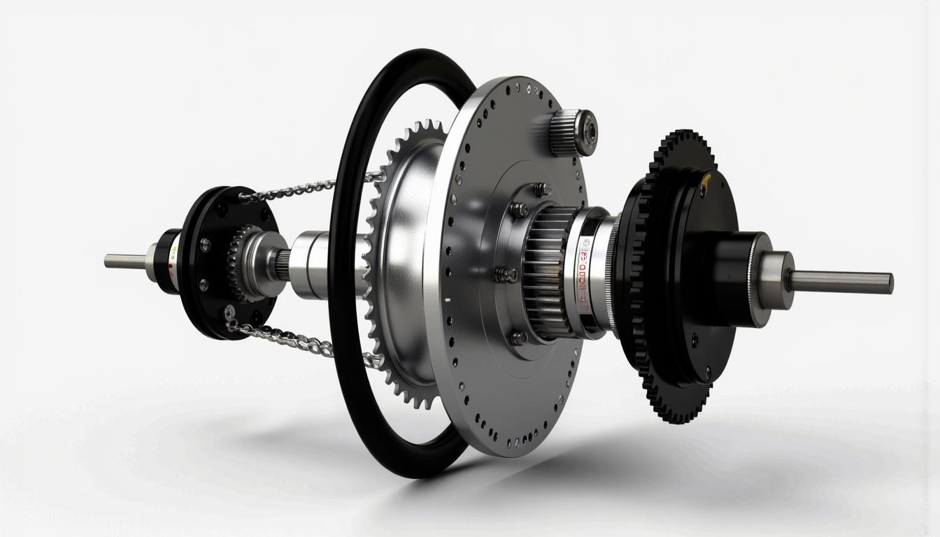 Rendu 3D comparant un moteur central de vélo électrique et un moteur moyeu arrière, avec un focus sur le mécanisme d'engrenage métallique argenté et noir.