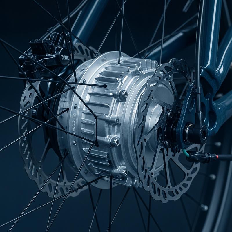 Gros plan sur un moteur électrique dans le moyeu arrière d'un vélo