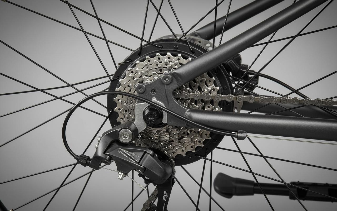 Vélo électrique Decathlon Riverside 500e gris sur un chemin de parc, avec le texte Test Riverside 500e en surimpression