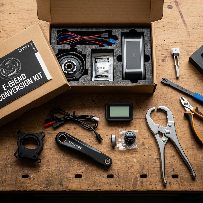 Vue de dessus d'un établi en bois avec des outils de vélo et un kit de conversion électrique ouvert pour un projet de bricolage