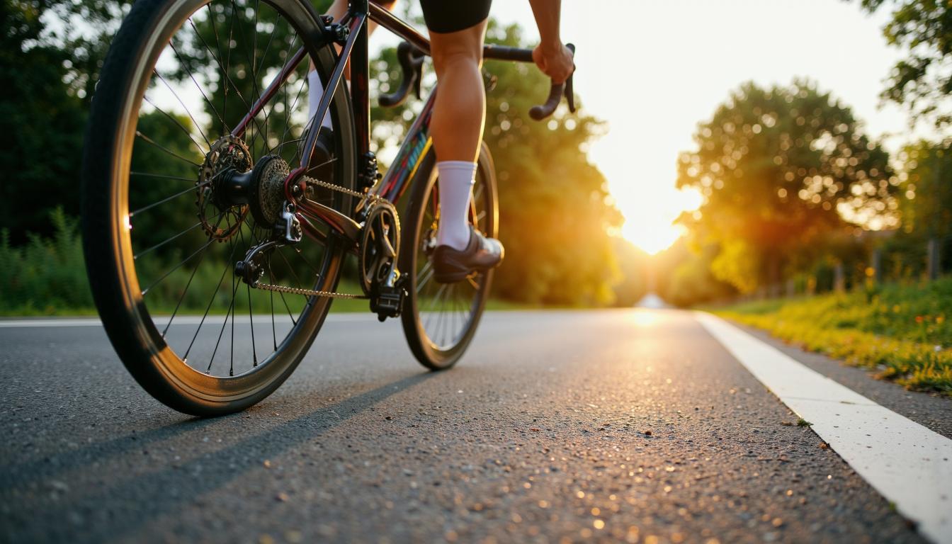 Vue en contre-plongée sur le pédalier et le moteur d'un vélo électrique gravissant une pente raide avec aisance sous une lumière naturelle éclatante.