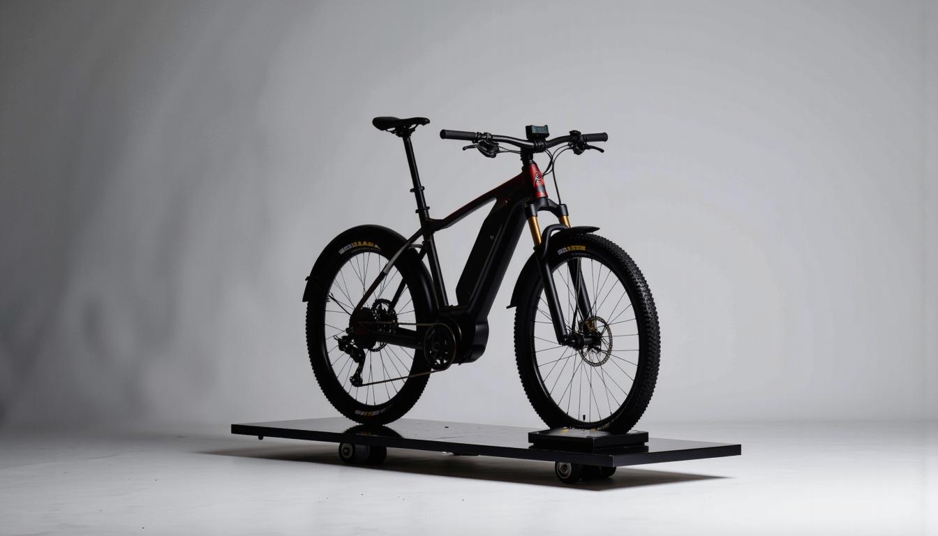 VTT électrique moderne posé sur une balance industrielle au sol avec un affichage numérique lumineux sur fond gris neutre.