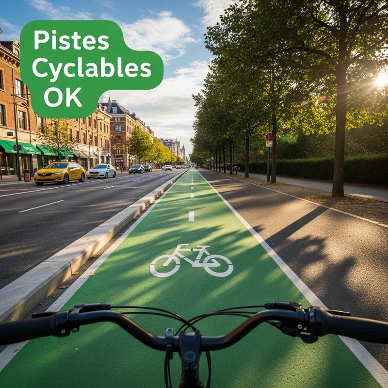 Vue subjective depuis le guidon d'un vélo électrique sur une piste cyclable verte urbaine séparée du trafic, avec le texte 'Pistes Cyclables OK'