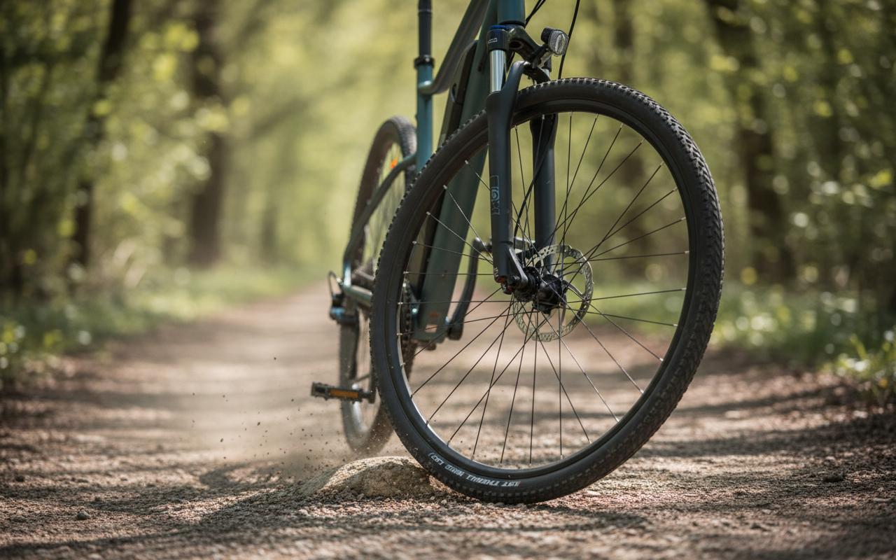 Vélo électrique Decathlon Riverside 500e gris sur un chemin de parc, avec le texte Test Riverside 500e en surimpression