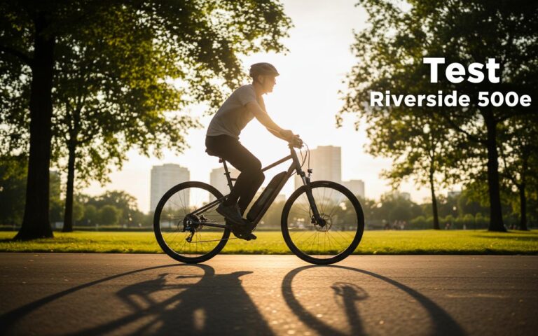 Vélo électrique Decathlon Riverside 500e gris sur un chemin de parc, avec le texte Test Riverside 500e en surimpression