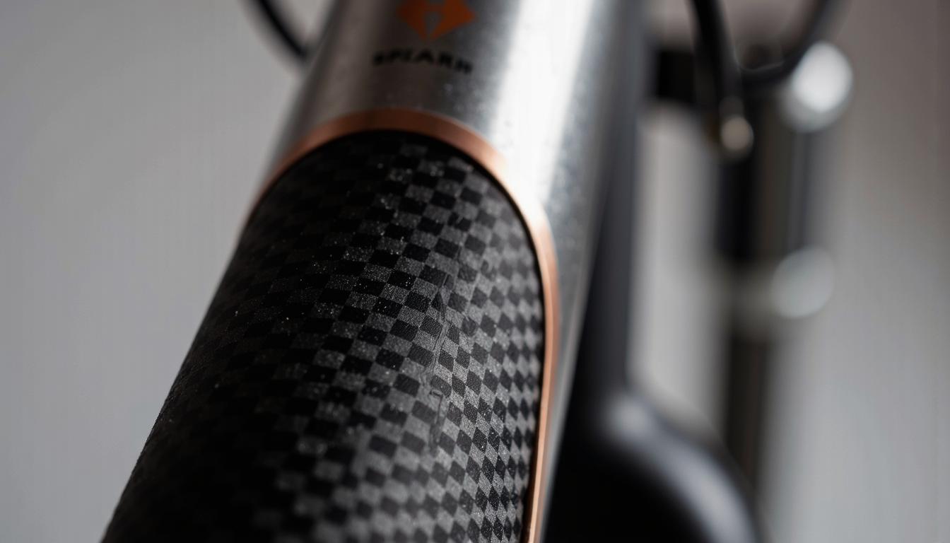 Gros plan macro révélant le contraste de textures entre la fibre de carbone tissée et les soudures en aluminium brossé d'un cadre de vélo.