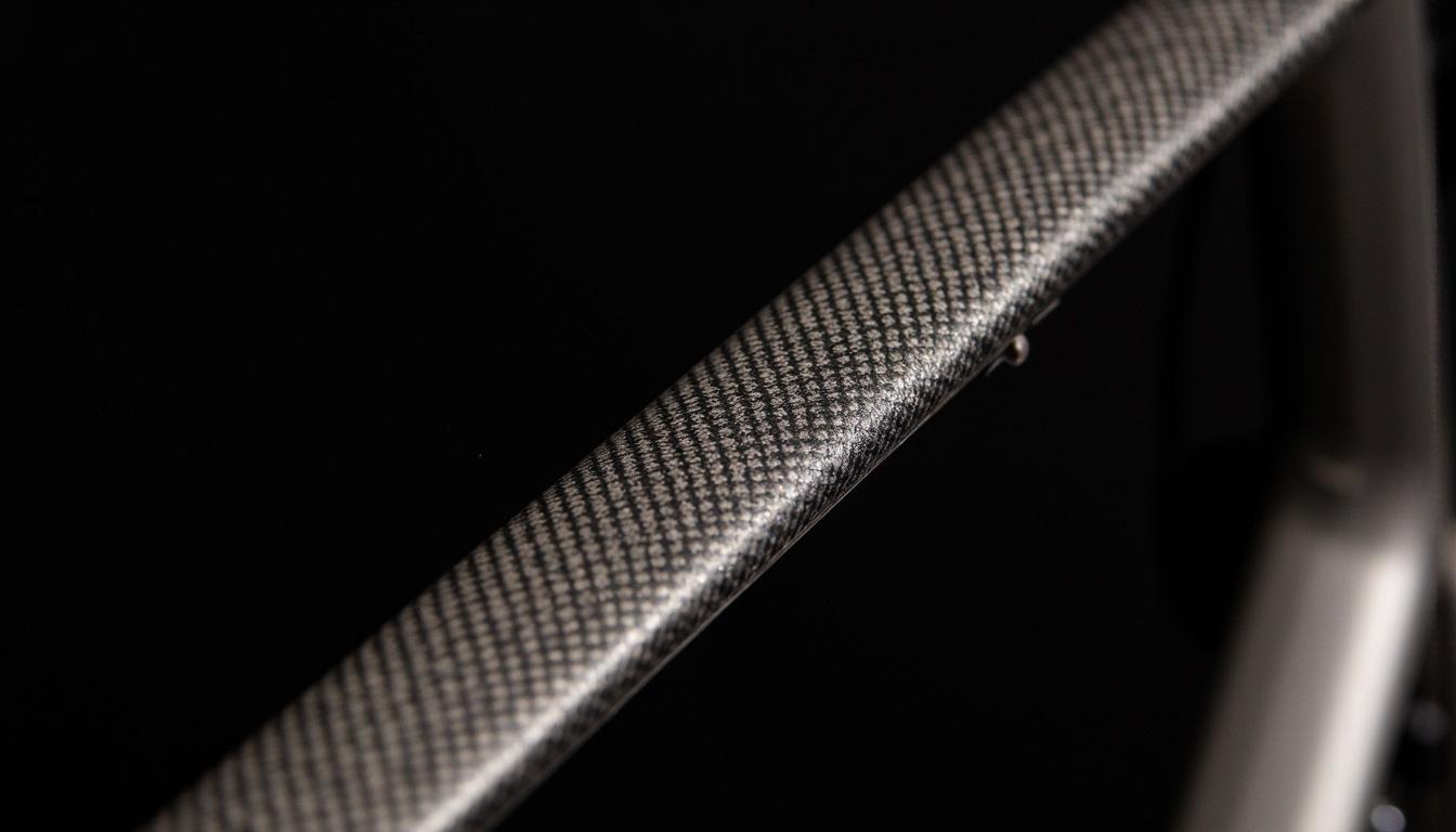 Gros plan macro sur la texture tressée en fibre de carbone d'un cadre de vélo avec une finition en résine brillante captant la lumière.