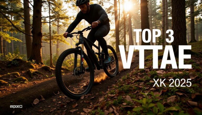 Cycliste en action sur un VTTAE noir mat dans une forêt boueuse avec le texte Top 3 VTTAE 2025.