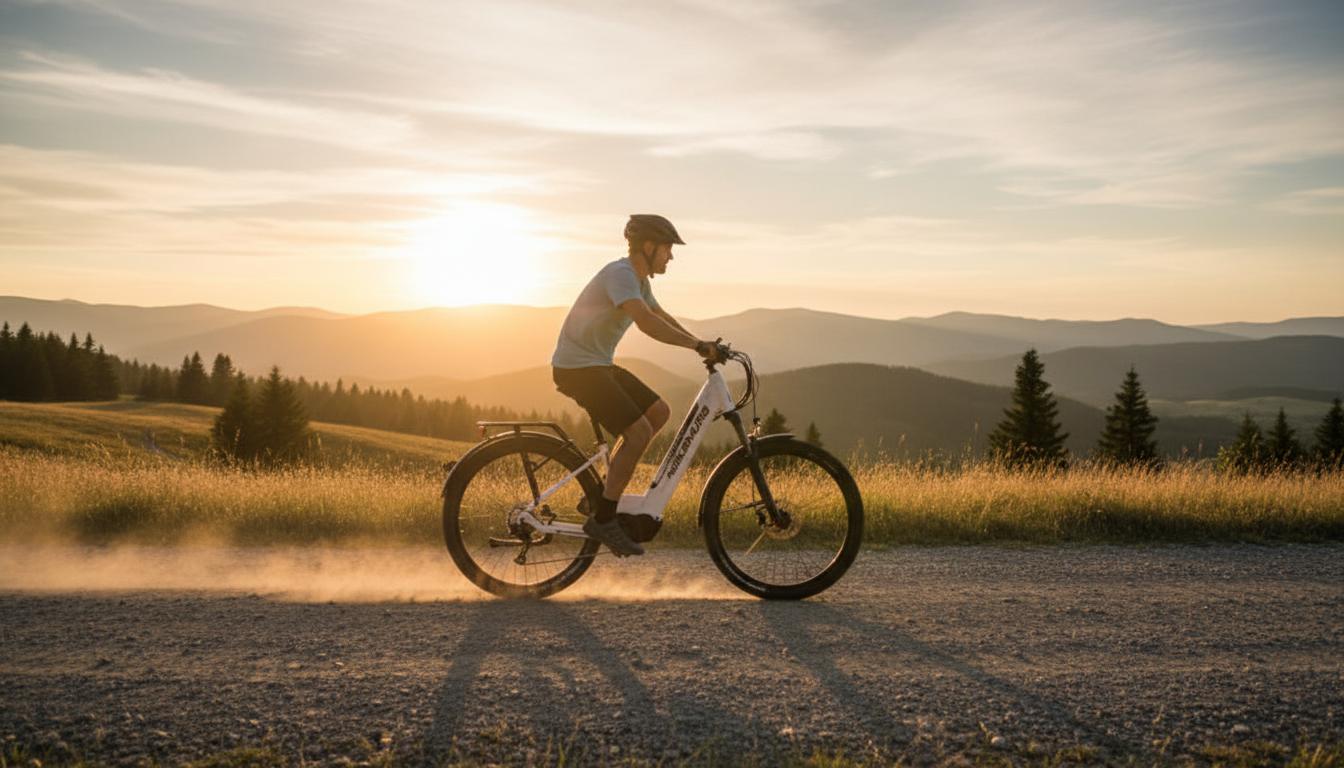 Cycliste roulant sur un vélo électrique Nakamura Crossover XA sur un chemin de gravier au coucher du soleil