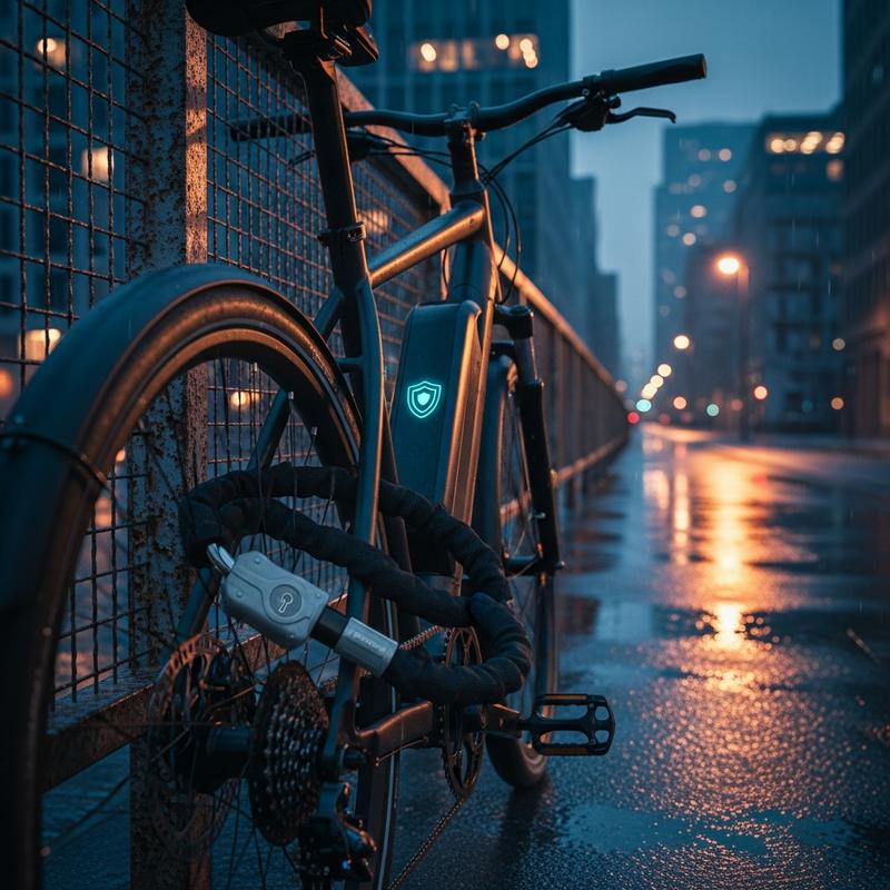 Gros plan sur une main insérant une clé de sécurité dans le verrou d'une batterie de vélo électrique intégrée au cadre, sous une lumière dorée