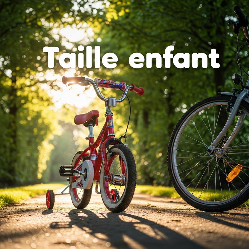 Vélo enfant 16 pouces coloré avec stabilisateurs sur une allée de jardin ensoleillée, à côté d'une roue adulte pour l'échelle, avec texte superposé Taille enfant