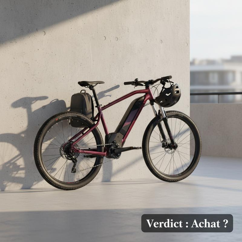 Vélo électrique Decathlon Riverside 500e gris sur un chemin de parc, avec le texte Test Riverside 500e en surimpression
