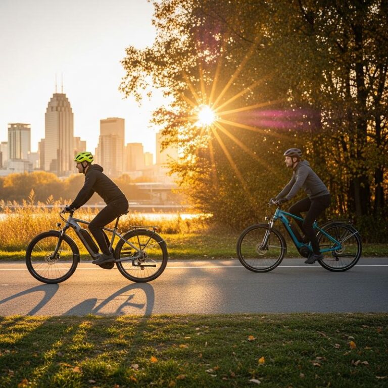 Deux vélos électriques trekking, un gris sportif et un bleu tourisme, roulant côte à côte sur un chemin passant de l'asphalte au gravier sous une lumière dorée