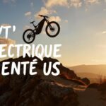 VTT électrique en carbone effectuant un saut au-dessus d'une crête rocheuse à l'heure dorée, avec le texte blanc VTT Électrique Carbone superposé.