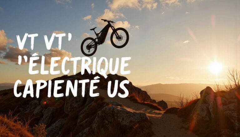 VTT électrique en carbone effectuant un saut au-dessus d'une crête rocheuse à l'heure dorée, avec le texte blanc VTT Électrique Carbone superposé.
