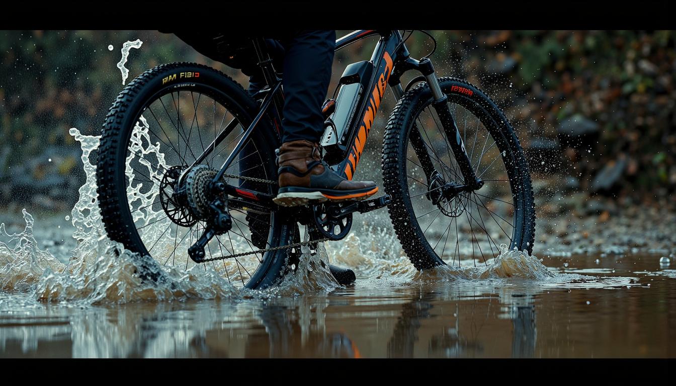 VTT électrique robuste traversant une flaque de boue sur un parcours de descente, projetant des éclaboussures d'eau sous un éclairage sombre avec des reflets néon.