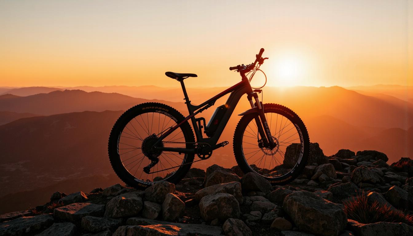 VTT électrique futuriste tout-suspendu posé sur une crête rocheuse alpine au coucher du soleil, avec des silhouettes de montagnes en arrière-plan.