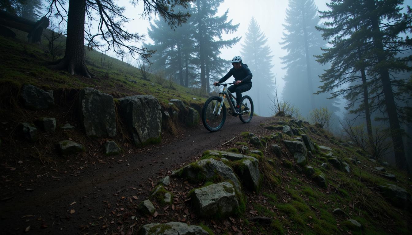 Vététiste gravissant une pente rocheuse technique en forêt brumeuse sur un VTT électrique.