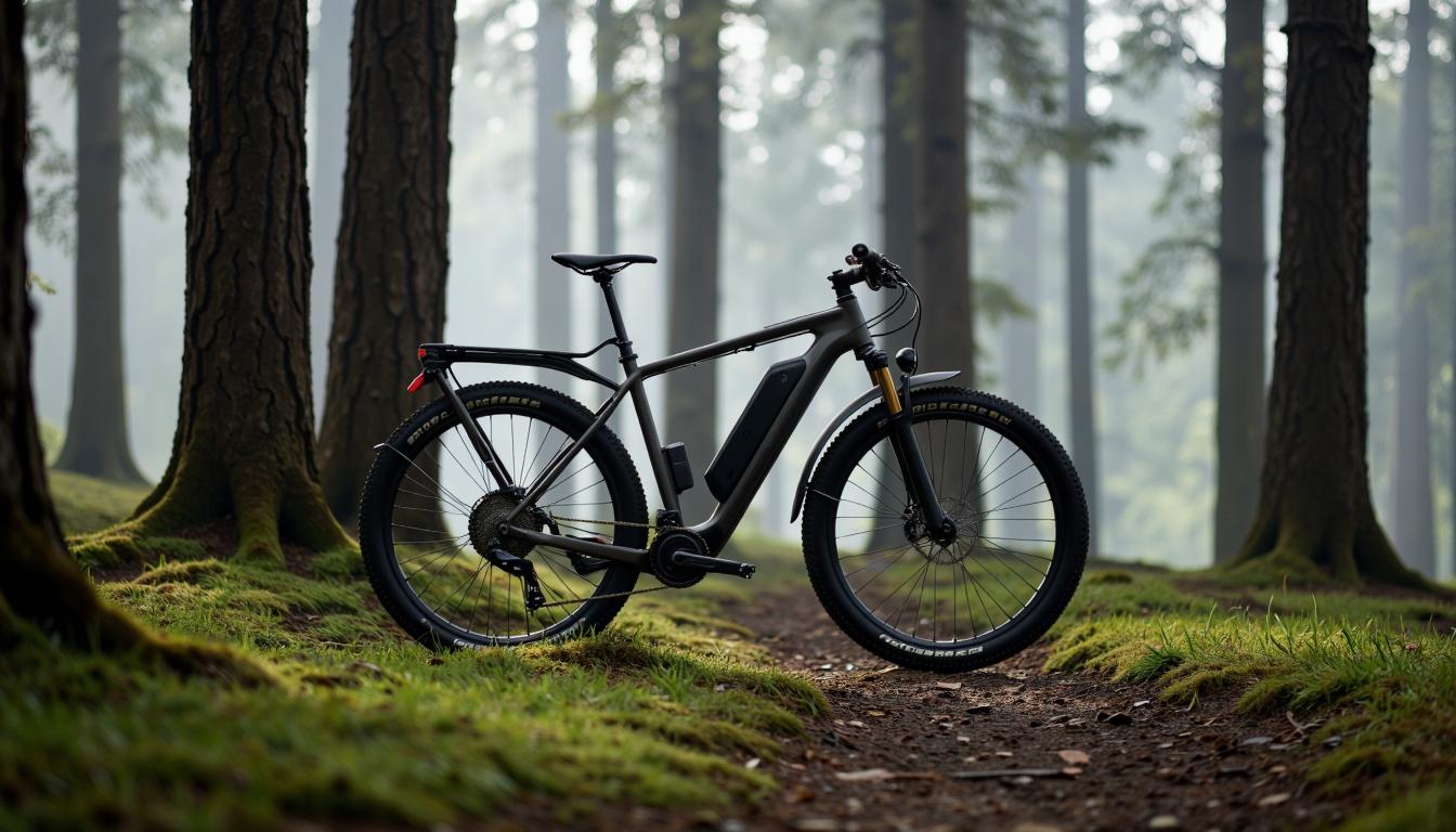 Profil d'un VTT électrique ultra-léger et élégant posé sur un sol moussu dans une forêt de pins brumeuse.