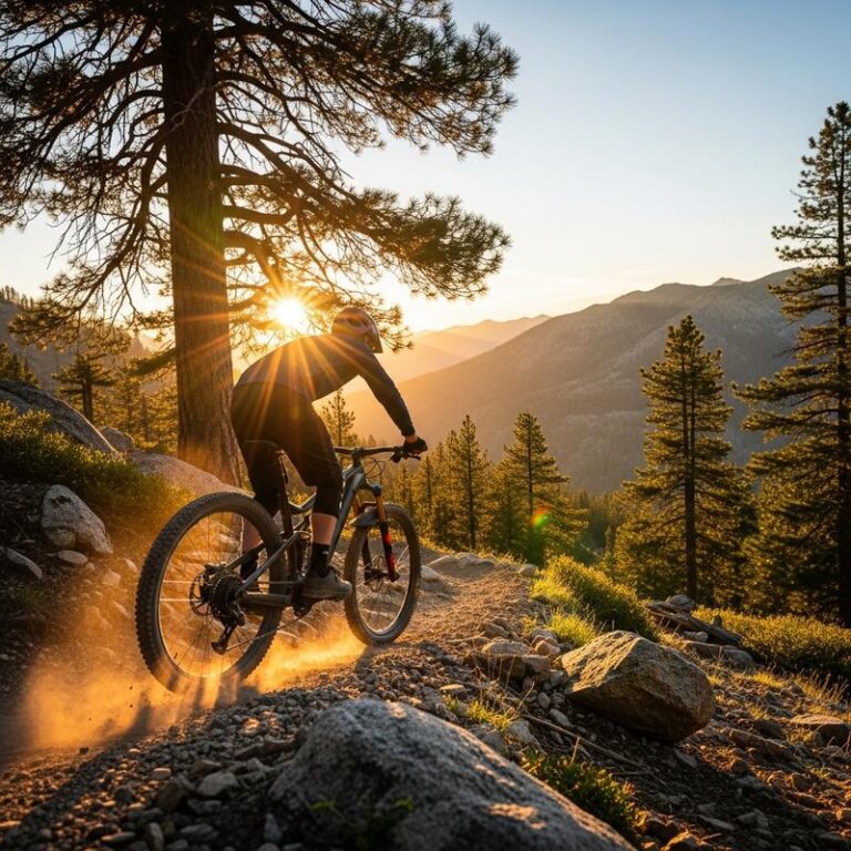 VTT équipé d'un kit de conversion moteur pédalier visible gravissant un sentier rocheux raide à l'heure dorée à travers les pins