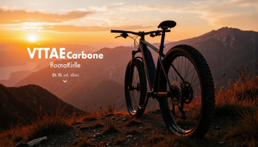 Gros plan sur un VTT électrique noir mat gravissant une crête au coucher du soleil, avec le texte VTTAE Carbone en surimpression.