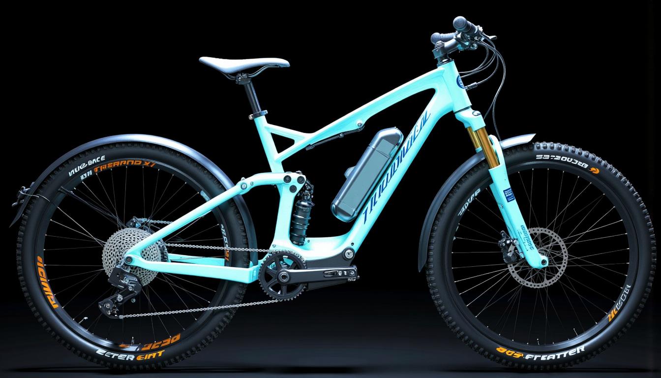 Vue éclatée 3D high-tech d'un cadre de VTT électrique mettant en évidence le moteur central et la batterie interne en filaire bleu néon sur fond sombre.