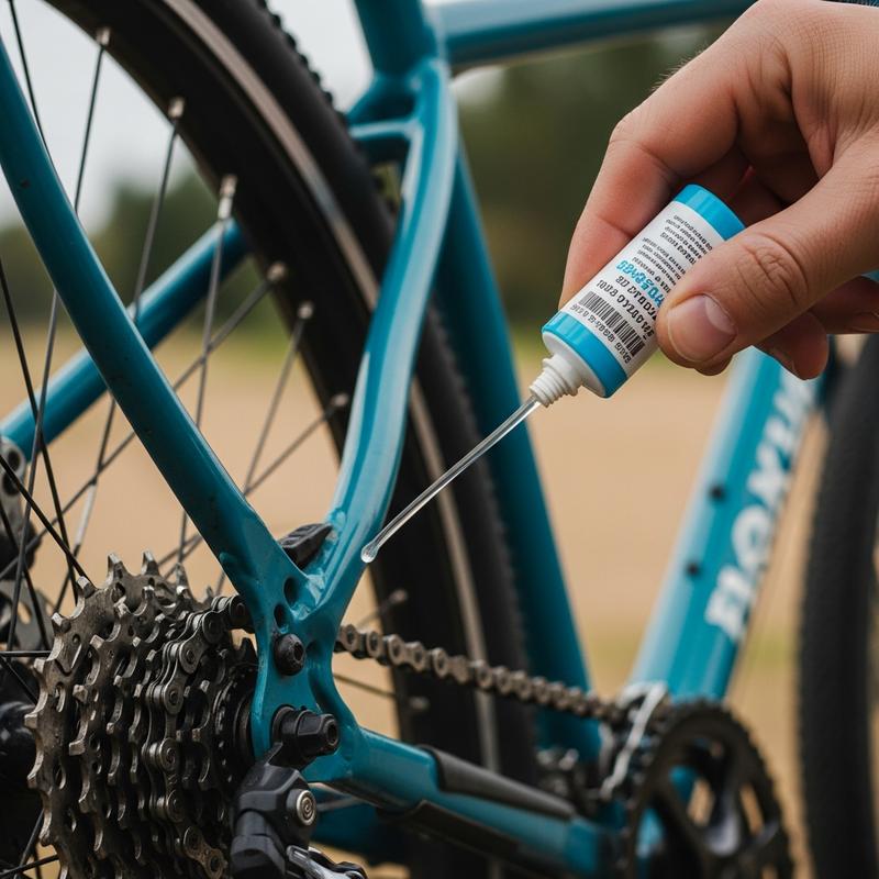 Gros plan d'une goutte de lubrifiant doré appliquée avec précision sur les maillons argentés d'une chaîne de vélo dans un atelier