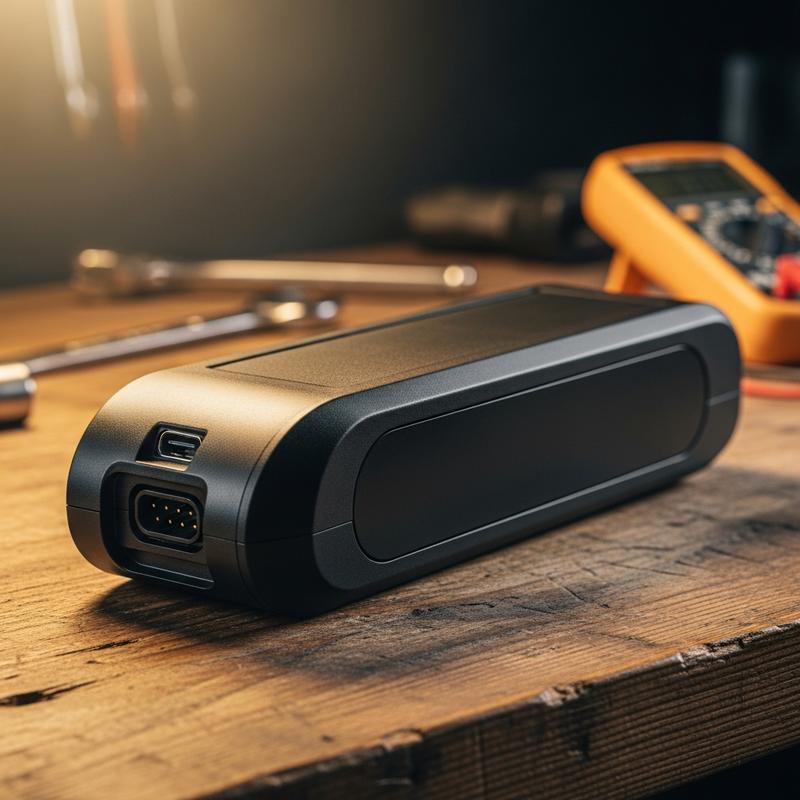 Batterie lithium-ion amovible de vélo électrique posée sur un établi en bois, avec un multimètre et des outils flous en arrière-plan