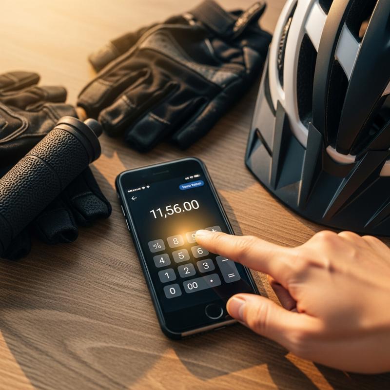 Vue de dessus d'une main utilisant l'application calculatrice sur un smartphone, posé sur une table en bois près d'un casque de vélo et de gants