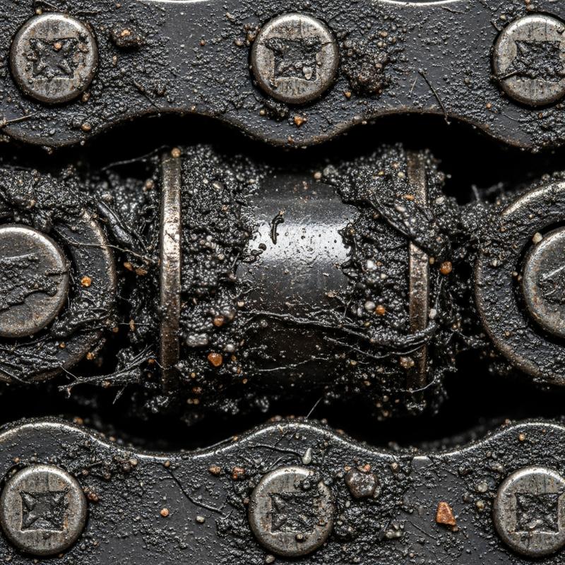 Plan macro d'un maillon de chaîne de vélo saturé de graisse noire épaisse mélangée à des grains de sable abrasifs