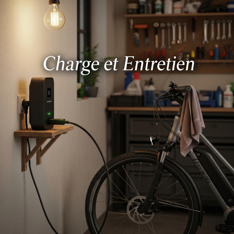 Chargeur de batterie de vélo électrique branché sur une prise murale avec voyant vert allumé dans un garage, texte superposé 'Charge et Entretien'