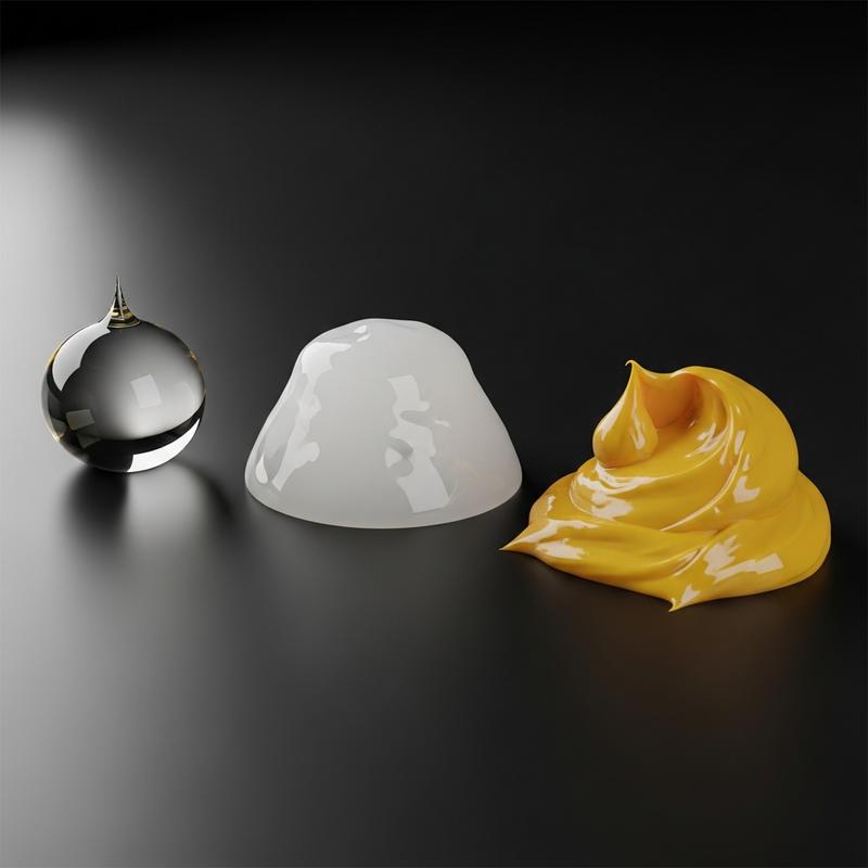 Rendu 3D scientifique minimaliste comparant trois textures fluides sur fond sombre : une goutte d'huile transparente, de la cire blanche laiteuse et de la graisse jaune épaisse