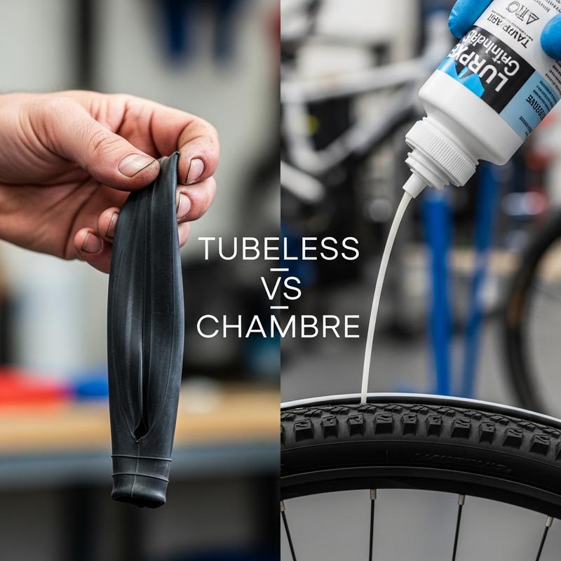 Comparatif visuel : chambre à air pincée tenue en main à gauche contre versement de liquide préventif dans un pneu tubeless à droite, avec le texte Tubeless vs Chambre.