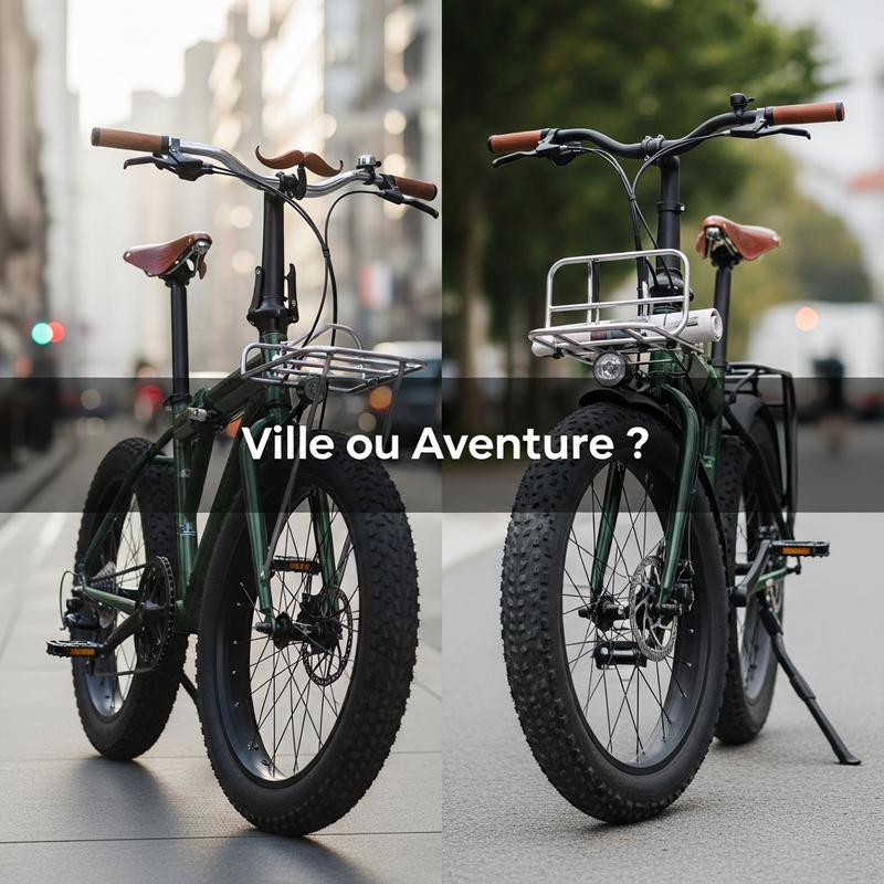 Écran scindé : fat bike pliant urbain vintage contre fat bike tout-terrain boueux en forêt, avec le texte Ville ou Aventure.