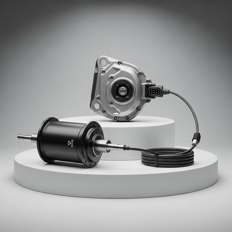 Trois composants de VTT alignés sur un podium : un moteur moyeu, un moteur central et une suspension dorée haute performance