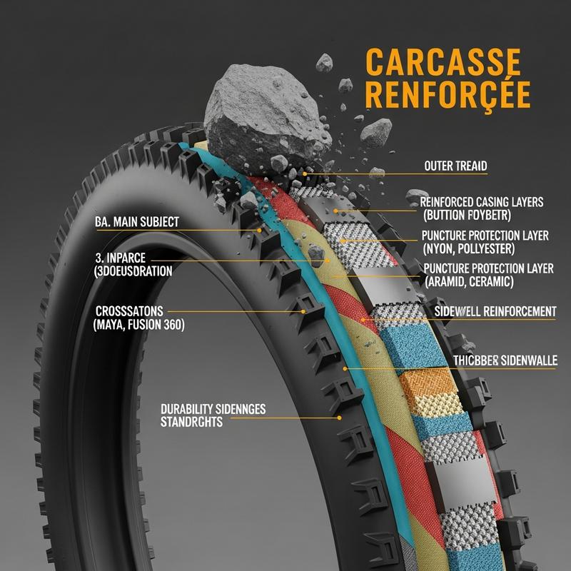 Rendu 3D en coupe technique d'un pneu VTT électrique montrant les couches renforcées absorbant l'impact d'une pierre, avec le texte Carcasse Renforcée