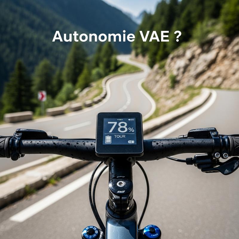 Vue subjective d'un écran de guidon de vélo électrique affichant la batterie avec le texte Autonomie VAE ? et une route floue en arrière-plan
