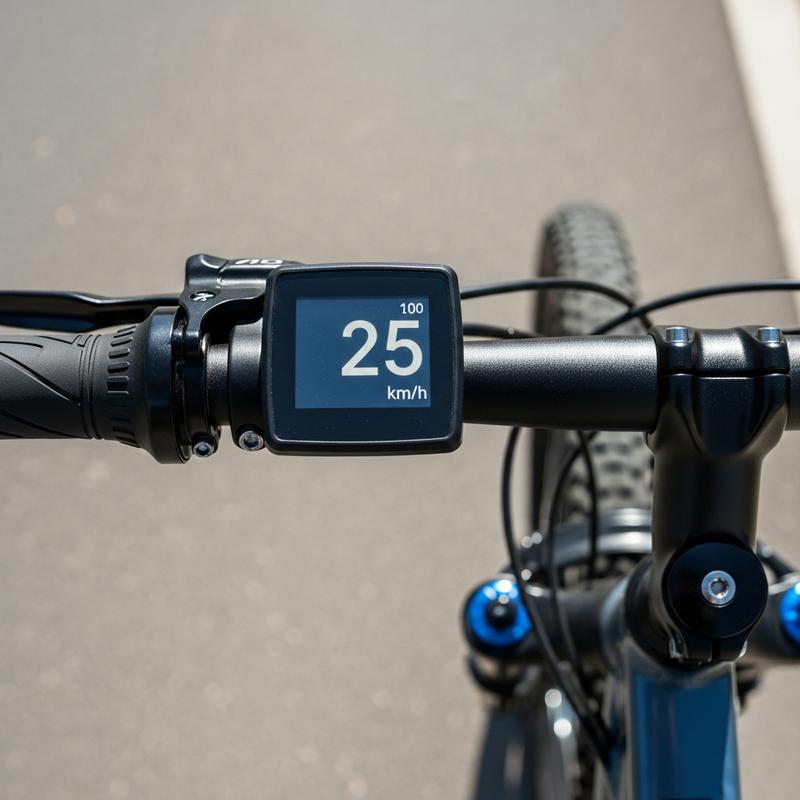 Vue subjective d'un écran de vélo électrique affichant 25 km/h sur un guidon, avec une route bitumée floue en arrière-plan