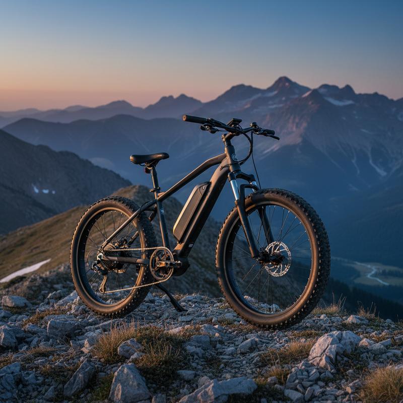 Fat Bike électrique Lankeleisi MG600 Plus posé sur une crête rocheuse avec un paysage de montagne en arrière-plan