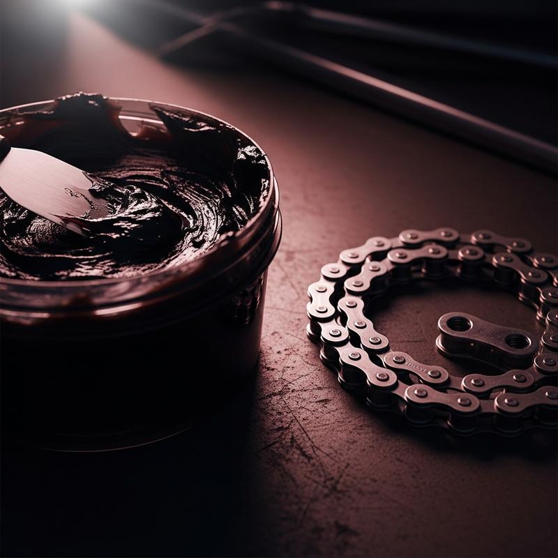 Pot de graisse automobile épaisse et spatule posés à côté d'une chaîne de vélo fine, sous un éclairage rouge dramatique signalant un danger
