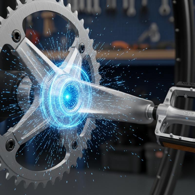 Gros plan technique d'un pédalier de vélo où des lignes de données bleues rayonnent du centre pour illustrer le capteur de couple