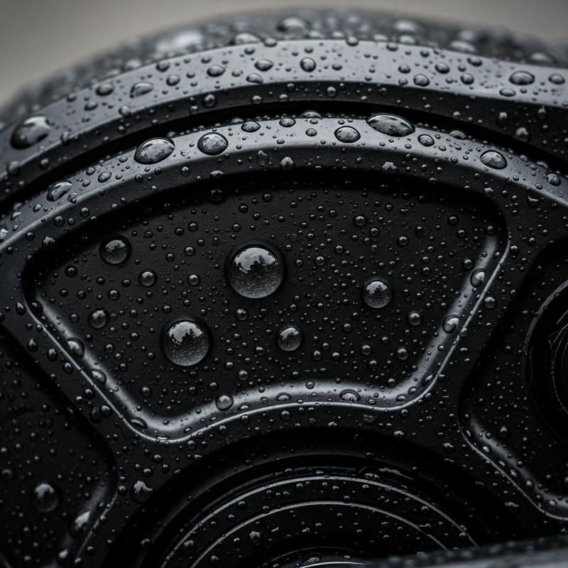 Gros plan macro sur le carter noir mat d'un moteur de vélo électrique couvert de perles de pluie reflétant la lumière