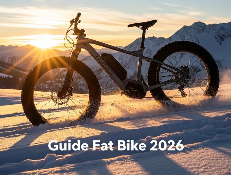 Fat bike électrique aux larges pneus filant dans la neige poudreuse au coucher du soleil, avec le titre superposé Guide Fat Bike 2026