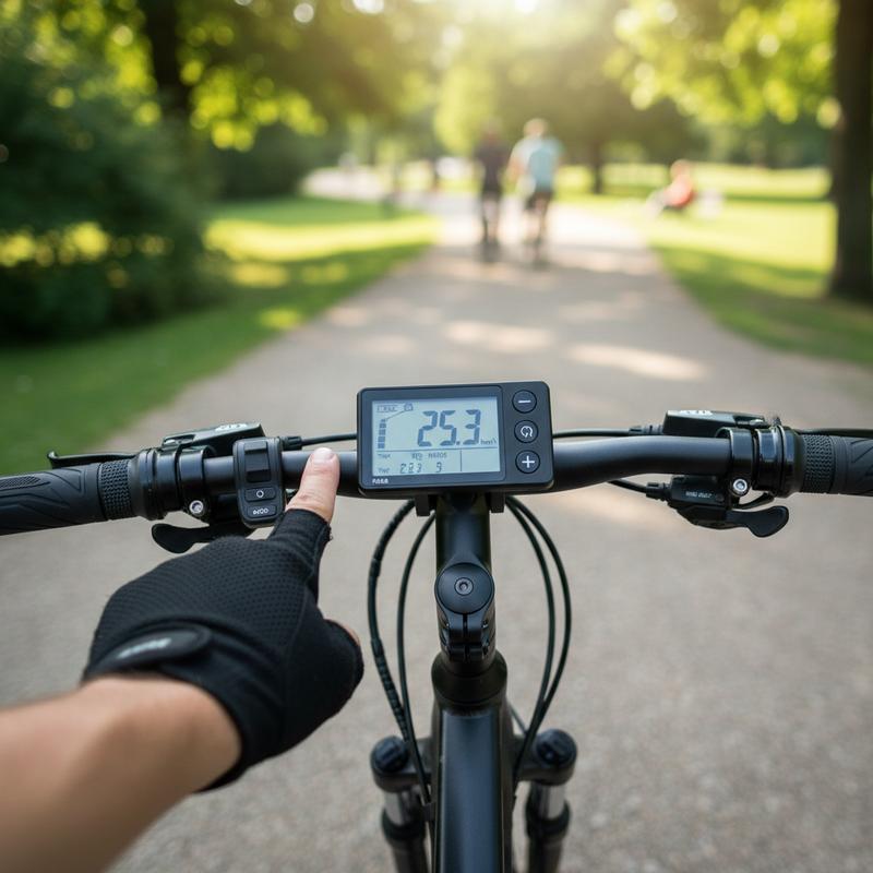 Vue subjective du guidon d'un vélo électrique Nakamura, une main ajustant les réglages sur l'écran LCD avec un parc flou en arrière-plan