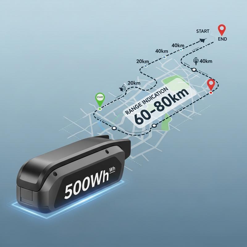 Infographie 3D d'une batterie de vélo électrique 500Wh avec carte routière et le texte Autonomie réelle : 70km sur fond technique