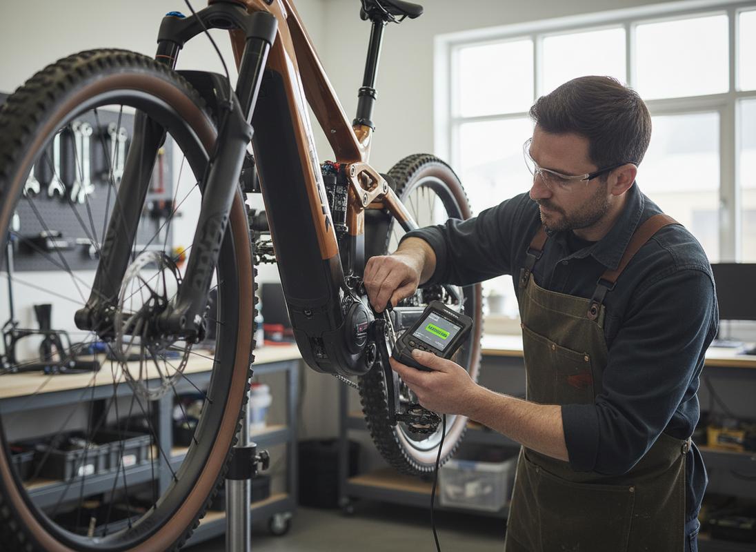 Mécanicien vérifiant le port de batterie d'un VTT électrique Trek Rail à l'aide d'un outil de diagnostic numérique